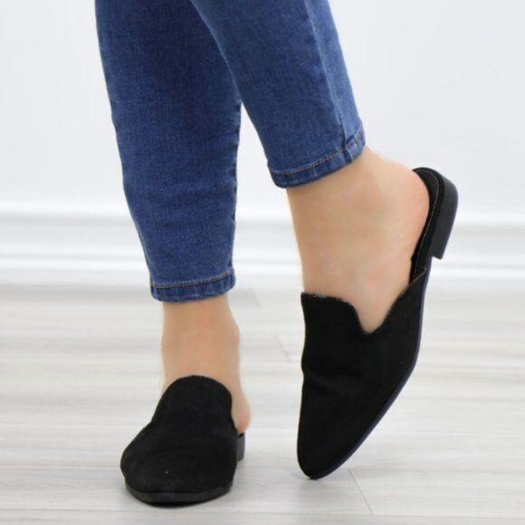 Suede Black Pointy Toe Slip On Mule Loafer - Picture 6 of 12